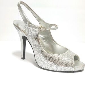 Elegant Silver Metallic Peep Toe Heels, Used Size 8, $10.00